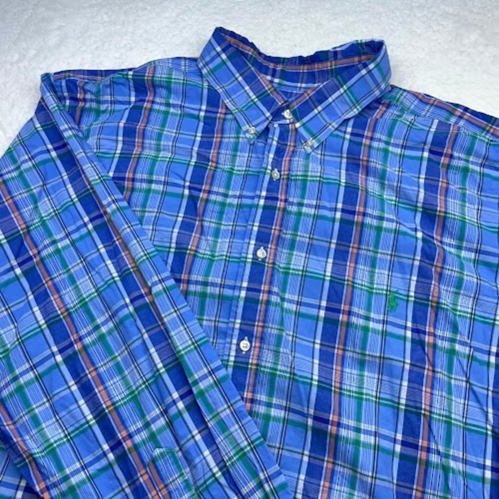 Ralph Lauren Button Down Shirt Mens 4XLT Blue Green Orange Plaid Long Sleeve